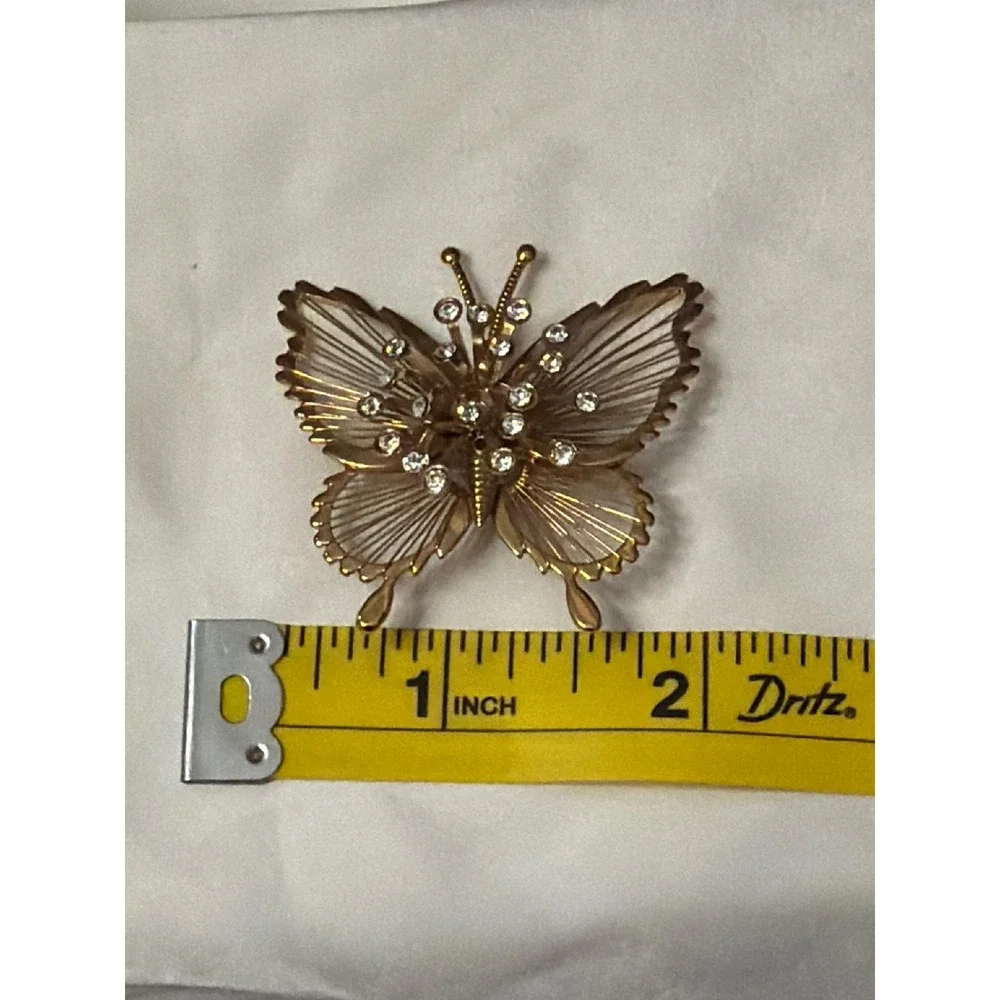 Monet Vintage Gold Tone Butterfly Brooch Rhinestone Openwork Wire Pin
